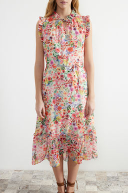 Pembe Cicek Desenli A-Kesim Midi Astarl? Sifon Dokuma Elbise TWOSS23EL01840