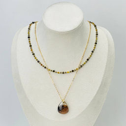 Колье двойное из Пирита, Обсидиана и Граната с кулоном из Лодолита 38/42 см +