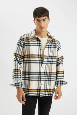 Фланелевая рубашка стандартного кроя с воротником поло и длинными рукавами в клетку - Defacto фото 3