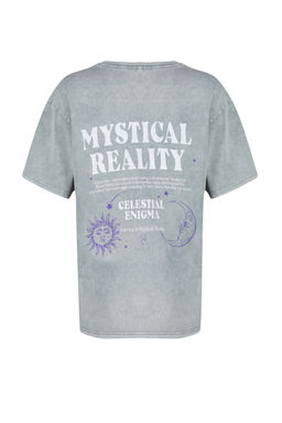 Ac?k Gri Kal?n Pamuklu Slogan Bask?l? Y?kamal? Oversize Kal?p Orme T-Shirt TWOSS24TS00200