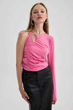 Приталенная футболка с длинным рукавом на одно плечо - Defacto фото 4