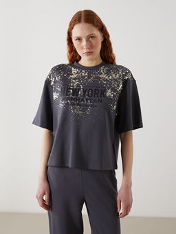 Bisiklet Yaka Manhattan Bask?l? Kad?n Ti??rt