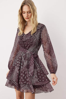 Cok Renkli Boho/Boho Chic Bask?l? F?rf?r Detayl? Mini Tul Esnek Orme Elbise TWOAW26EL00251