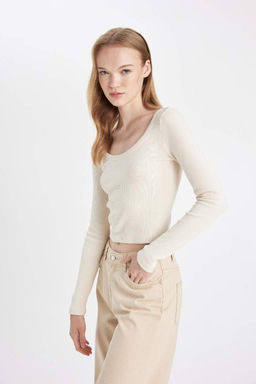 Женская классная однотонная футболка с длинными рукавами и U-образным вырезом в рубчик - Defacto фото 3