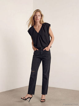 V Yaka B?zg?l? Poplin Bluz