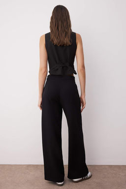 Siyah Wide Leg/Genis Paca Pilili Dokuma Kumas Pantolon TWOSS21PL0189