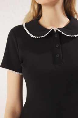 Trendyolmilla Siyah Renk Bloklu Bebe Yaka Dugmeli Vucuda Oturan Esnek Fitilli Orme Bluz TWOSS25BZ00230  фото 4