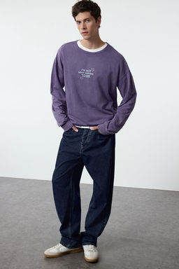 TRENDYOL MAN Lila Oversize/Genis Kesim Y?kama/Eskitme Efektli On ve Arka Bask?l? Sweatshirt TMNAW25SW00041 - Trendyolmilla фото 2