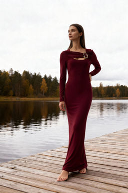 Bordo Cut Out ve Aksesuar Detayl? Vucuda Oturan Esnek Maxi Orme Elbise TWOAW26EL00246 - Trendyolmilla фото 5