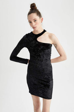 Облегающее велюровое мини-платье на одно плечо с длинными рукавами - Defacto фото 7