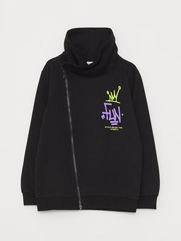 Dik Yaka Bask?l? Uzun Kollu Erkek ?ocuk Fermuarl? Sweatshirt