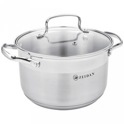 "Zeidan" "Milan" Кастрюля из нержавеющей стали 5,1л, д22см, h13,5см, стеклянная крышка, 5-ти слойное капсулированное дно, подарочная упаковка (Китай) Подходит для всех видов плит, включая индукционную.