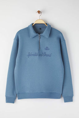 Mavi Oversize/Genis Kesim Polo Yaka Nak?sl? Kal?n Ici Sardonlu Sweatshirt TMNAW26SW00011 - Trendyolmilla фото 5