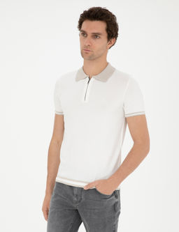 Beyaz Slim Fit Fermuarl_ Polo Yaka Triko T-shirt