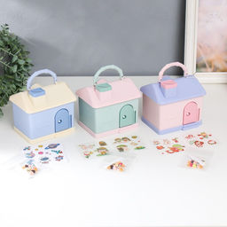 Копилка для денег с замком и ключом «Домик в нежных тонах», наклейки и декор для украшения, пластик, 14×10×13 см, МИКС