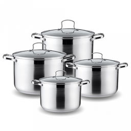 Набор посуды из нержавеющей стали "Kelli" 4 предмета: кастрюля 2,1л - д16см, 3л - д18см, 4л - 20см, 6,5л - д24см зеркальная поверхность, стеклянная крышка, пароотвод, клепаные ручки, 5-ти слойное капсульное дно, цветная коробка (Китай) Подходит для в