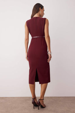 Bordo Kemer Detayl? Dokuma Midi Elbise TWOAW26EL00078