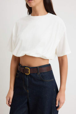Ekru Boxy K?sa Kollu Buzgulu Super Crop %100 Pamuk Orme T-shirt TWOSS26TS00282 - Trendyolmilla фото 3