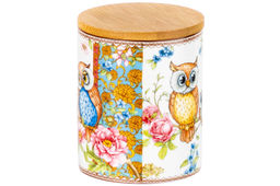 Банка д/хранения 650 мл 10*10*12,5 см "Совушки" с деревянной крышкой с силик.уплотн. NEW BONE CHINA