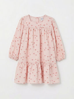 Kare Yaka ?i?ekli K?z ?ocuk Elbise