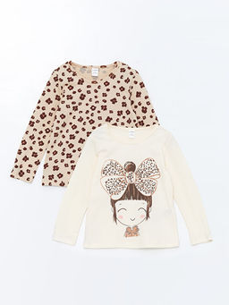 Bisiklet Yaka Uzun Kollu Bask?l? K?z Bebek Ti??rt 2li