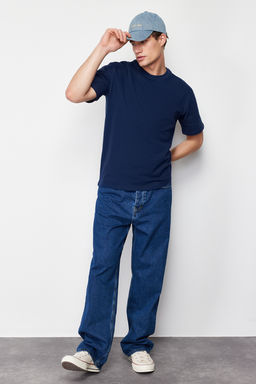 Lacivert Oversize/Genis Kesim %100 Pamuklu Triko Dokulu T-Shirt TMNSS24TS00157