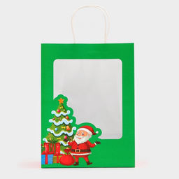 Пакет подарочный бумажный с окном «Дед Мороз» 30×22×14 см, крафт зеленый