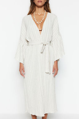 Ekru Kusakl? Maxi Dokuma Volanl? Keten Kar?s?ml? Plaj Kimono&Kaftan TBESS23KM00028 - Trendyolmilla фото 4