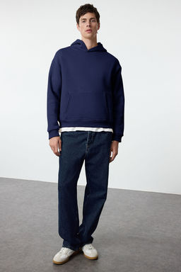 Lacivert Oversize/Genis Kesim S?rt? Nak?s Detayl? Kapusonlu Sweatshirt TMNAW25SW00142
