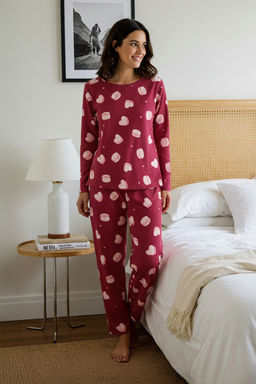 Bordo %100 Pamuk Kalp ve Makaron Desenli Orme Pijama Tak?m? THMAW26PT00160