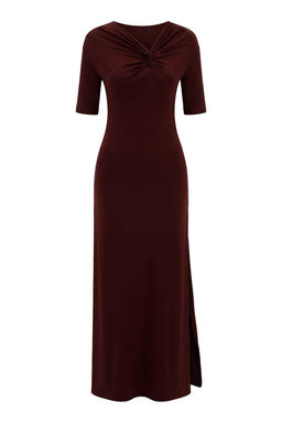 Kahverengi A-Kesim/Can Form Asimetrik Yaka K?sa Kollu Maxi Esnek Orme Elbise TWOSS26EL00014