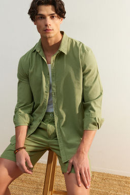 Haki Unisex Regular Fit %100 Pamuklu Keten Gorunumlu Fit Gomlek TMNSS23GO00099
