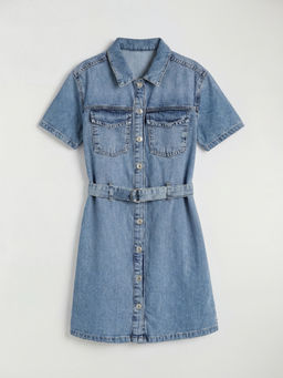 G?mlek Yaka K?sa Kollu K?z ?ocuk Jean Elbise