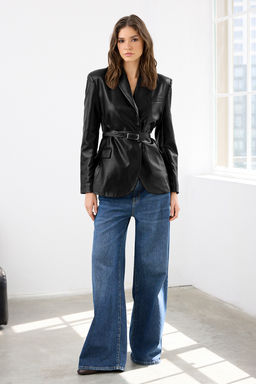 Siyah Kemerli Kruvaze Kapamal? Suni Deri Dokuma Blazer Ceket TWOAW26BC00002