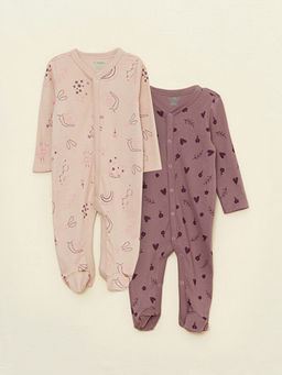 V Yaka Uzun Kollu Bask?l? Pamuklu K?z Bebek Tulum 2li