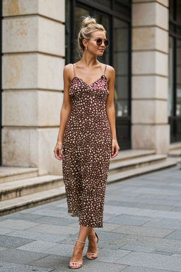 TRENDYOLMILLA Kahverengi Tul Fitted/Vucuda Oturan Volanl?/F?rf?rl? Maxi Esnek Orme Elbise TWOSS25EL00353