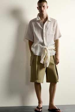 CAMISA JACQUARD RAYAS 100% LINO / Beige - Zara фото 5