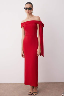 K?rm?z? Fiyonk Detayl? Orme S?k Abiye Gece Mezuniyet Elbisesi TPRSS25EL00293