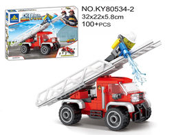 Конструктор "KAZI" 100 дет. "Пожарная машина с лестницей + фигурка" (KY80534-2) в коробке (р)