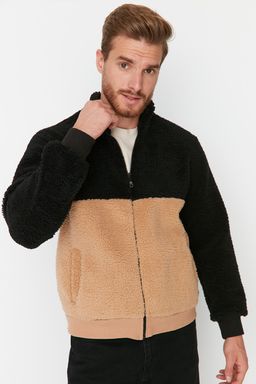 TRENDYOL MAN Siyah Regular/Normal Kesim Fermuarl? Dik Yaka S?cak Tutan Pelus Bloklu Sweatshirt TMNAW23SW00179