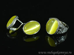 Кольцо Серьги с кошачьим глазом, цв.олива размер 18