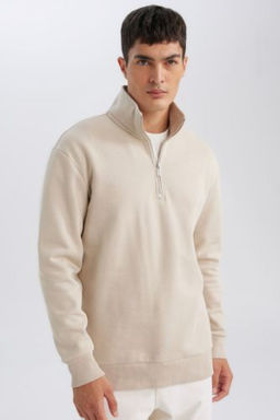 3 Iplik Pamuklu Sardonlu Ici Polarl? Comfort Regular Fit Rahat Kal?p Dik Yaka Fermuarl? Kal?n Sweatshirt