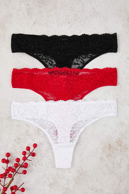 Siyah-Beyaz-K?rm?z? 3lu Leopar Desenli Dantel Tanga Orme Kulot THMAW26KU00050 - Trendyolmilla фото 3