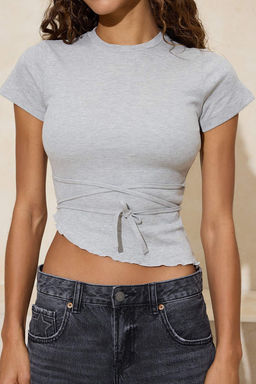 Gri Melanj Fitted/Vucuda Oturan Baglama Detayl? Pamuk Ribana Orme Bluz TWOSS26BZ00200 - Trendyolmilla фото 3