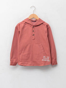 Kap??onlu Bask?l? Uzun Kollu Gabardin Erkek ?ocuk G?mlek