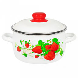 "Клубничная" Кастрюля эмалированная 4л, д20см, h14см, сферическая форма, металлическая крышка, ободок из нержавеющей стали, белый (Россия)