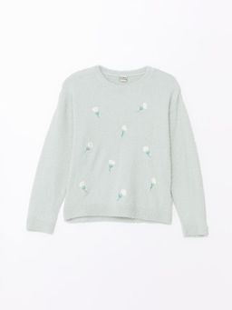 Bisiklet Yaka ?i?ekli K?z ?ocuk Triko Kazak