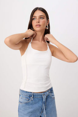 Ekru Duz Fitted Halter Yaka Ince Ask?l? Kolsuz Pamuklu Esnek Orme Atlet TWOSS26AL00067