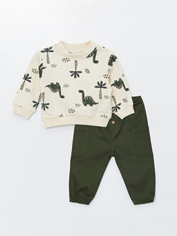 Bisiklet Yaka Bask?l? Erkek Bebek Sweatshirt ve Pantolon 2li Tak?m