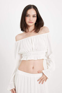 Блузка обычного кроя с открытыми плечами и жатой тканью с длинными рукавами - Defacto фото 6